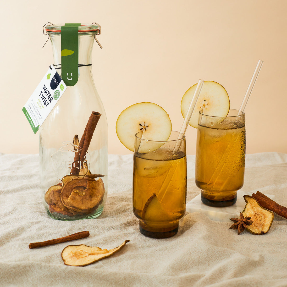 Watertwist Pomme, Poire & Cannelle BIO | Carafe Weck eau fruitée botanique | Boîte de 6 pièces