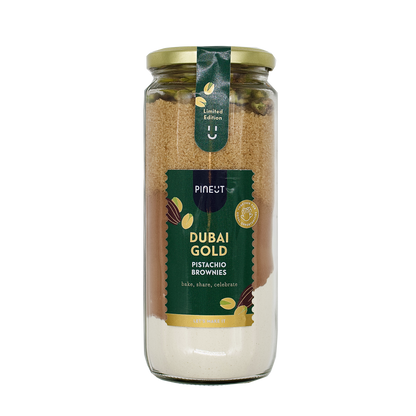 Préparation pour brownies Dubai Gold | Mix à gâteau maison | Chocolat noir, pistache & épices | Pineut